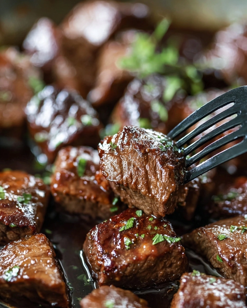 A black cast iron pan filled with many small browned meat pieces that have a shiny, cooked texture, each piece irregular in shape and size, spread evenly across the pan surface. The meat is topped with fresh green herb sprigs of rosemary and thyme, adding a touch of bright green against the dark sizzling meat. The pan is placed on a white marbled surface with a few fresh rosemary sprigs scattered around it. The lighting highlights the juicy and glossy look of the cooked meat. photo taken with an iphone --ar 4:5 --v 7
