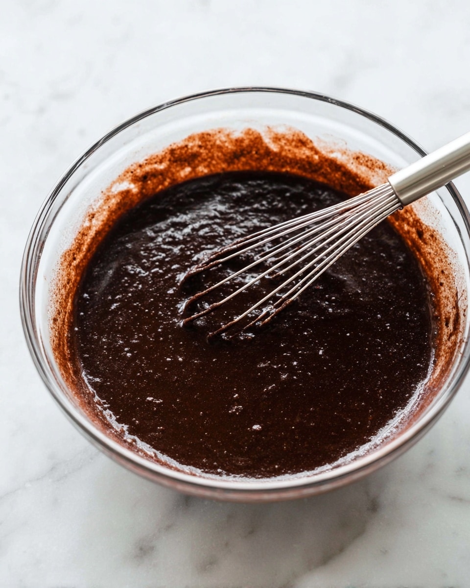 A clear glass bowl sits on a white marbled surface, holding a dark brown, smooth chocolate batter with a slightly shiny, wet texture. The batter fills most of the bowl, with some splashes on the inner rim showing a thicker consistency. A silver whisk is partially dipped in the middle of the batter, with some batter clinging to the metal wires. The photo is taken from a close angle, focusing on the round bowl and the rich chocolate mixture inside. photo taken with an iphone --ar 4:5 --v 7