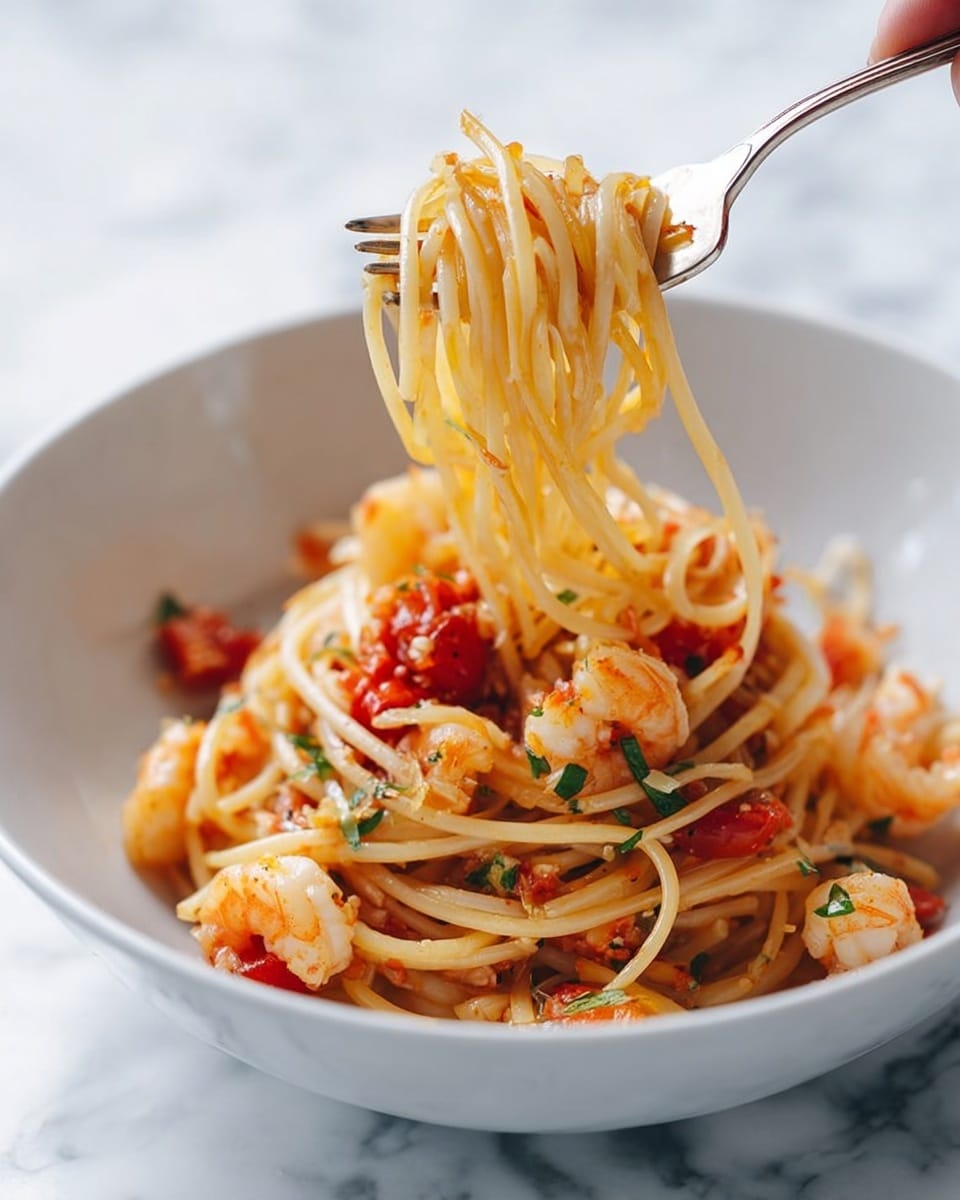 A white bowl filled with spaghetti mixed with small shrimp pieces and diced red tomatoes. The spaghetti is lightly coated with sauce and garnished with small green herbs scattered throughout. A woman's hand is holding a fork that is twirling some of the spaghetti strands above the bowl. The background has a white marbled texture. photo taken with an iphone --ar 4:5 --v 7