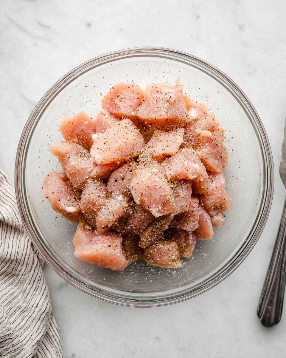 A clear glass bowl sits on a white marbled surface, filled with uneven chunks of raw pink chicken scattered with coarse salt and pepper spices, creating a speckled effect of white and black on the meat. The bowl’s transparency allows a full view of the chicken pieces piled together, with a striped cloth partially visible near the bottom left corner and metal tongs resting on the top right. The simplicity of the setting focuses attention on the seasoned raw chicken. photo taken with an iphone --ar 4:5 --v 7
