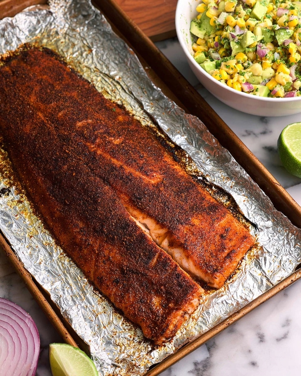 A large piece of cooked fish with a dark brown spice crust lies flat on a baking tray lined with aluminum foil. The fish shows a few lighter lines where the flesh is slightly exposed, and the edges have some cooked juices. To the top right, there is a white bowl filled with a yellow and green mixed salad, likely containing corn and other finely chopped vegetables. Around the tray, on a white marbled surface, there is also a lime half and a halved red onion. The overall setting gives a fresh, homemade vibe with a focus on the seasoned fish. photo taken with an iphone --ar 4:5 --v 7