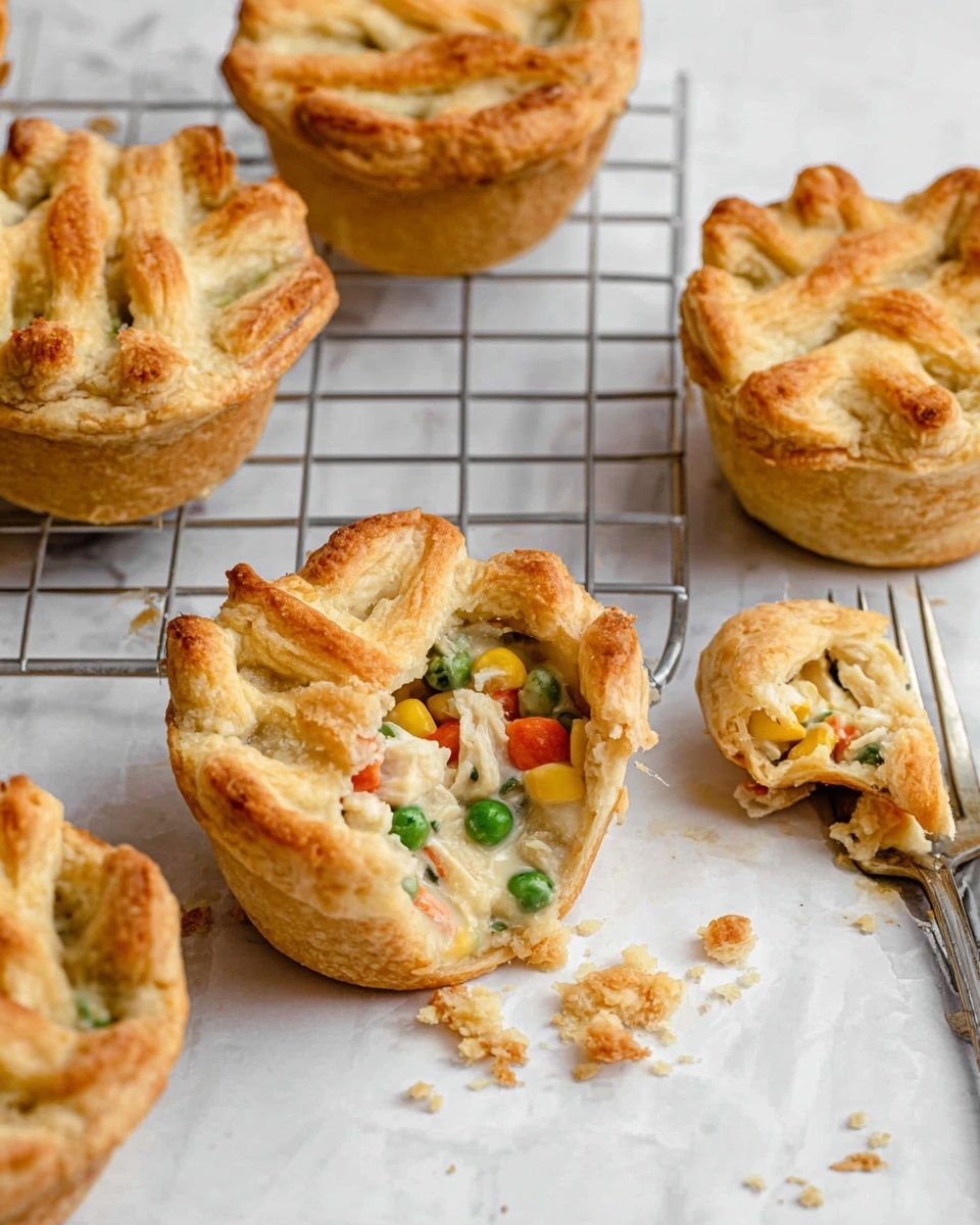 The image shows six small pot pies with golden brown crusts that have a textured, handmade look. The crust tops have a lattice pattern made of strips and are thick and flaky. One pie in the front is open, showing creamy filling with visible pieces of white chicken, green peas, orange carrots, and yellow corn inside. The filling looks smooth and rich, contrasting with the crust’s firm texture. There is a small piece of pie on a fork on the right side with a woman's hand holding it, and some crumbs are scattered around. They are all placed on a white marbled surface with a cooling rack partially visible in the background. Photo taken with an iphone --ar 4:5 --v 7