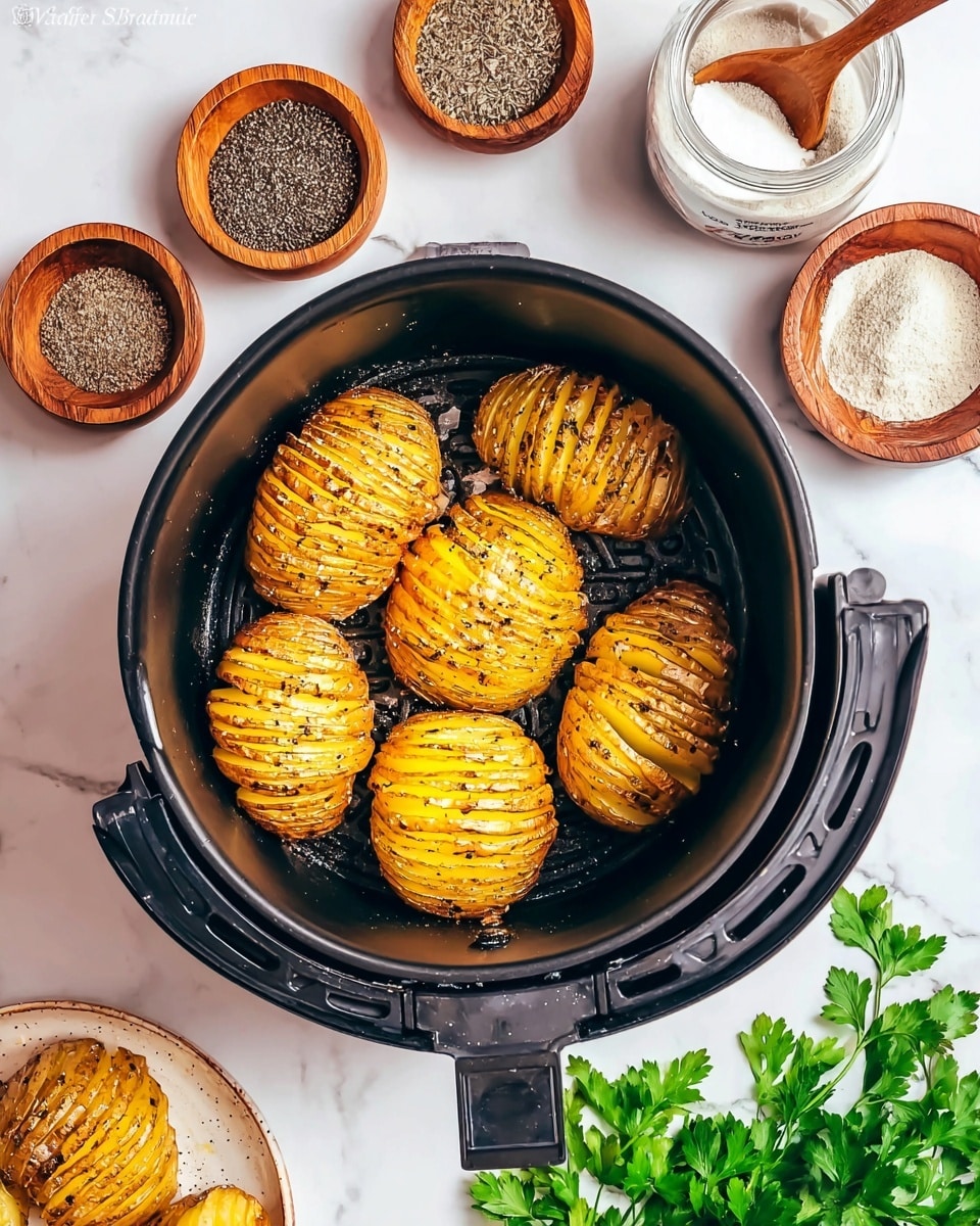 The image shows three golden-yellow roasted sliced potatoes inside a black air fryer basket. Each potato has many thin slices spaced evenly, creating a layered look with a crispy texture on the outside. Around the air fryer basket, there are small wooden bowls filled with black pepper and white salt, each with a wooden spoon inside. There is also a clear jar of garlic powder spice near the top right. A small white plate with another sliced roasted potato is at the bottom left. Fresh green parsley leaves are placed at the bottom right on a white marbled surface. The colors are warm and natural, with the shiny black basket creating contrast. Photo taken with an iphone --ar 4:5 --v 7