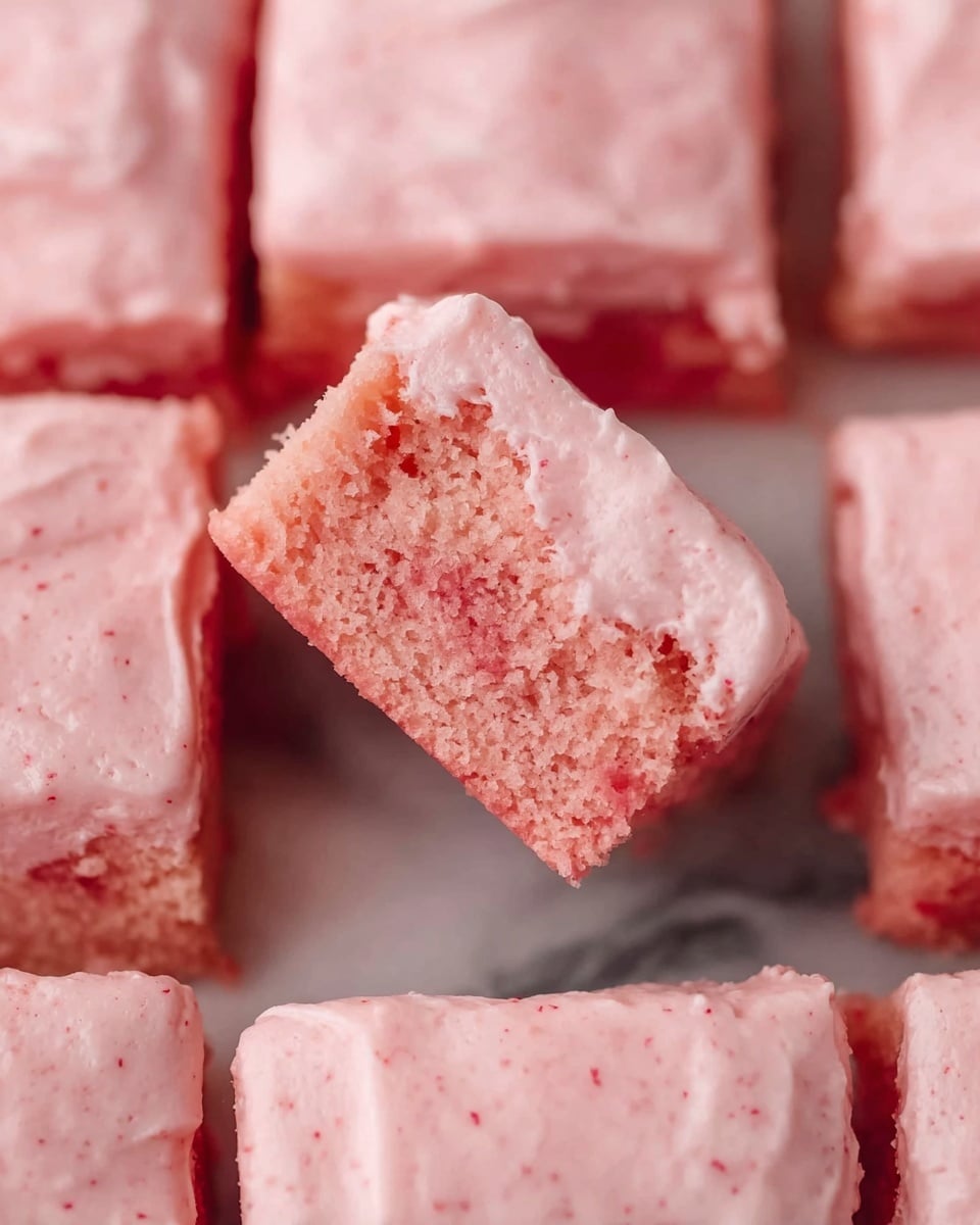 The image shows several square pink frosted treats arranged closely together with one piece slightly lifted to reveal its inside. Each piece has two layers: a moist, crumbly pink cake layer on the bottom with a smooth, slightly speckled pink frosting layer on top. The frosting appears soft and creamy, covering the top evenly while the pink cake has a dense and soft texture. The background is a white marbled surface. photo taken with an iphone --ar 4:5 --v 7