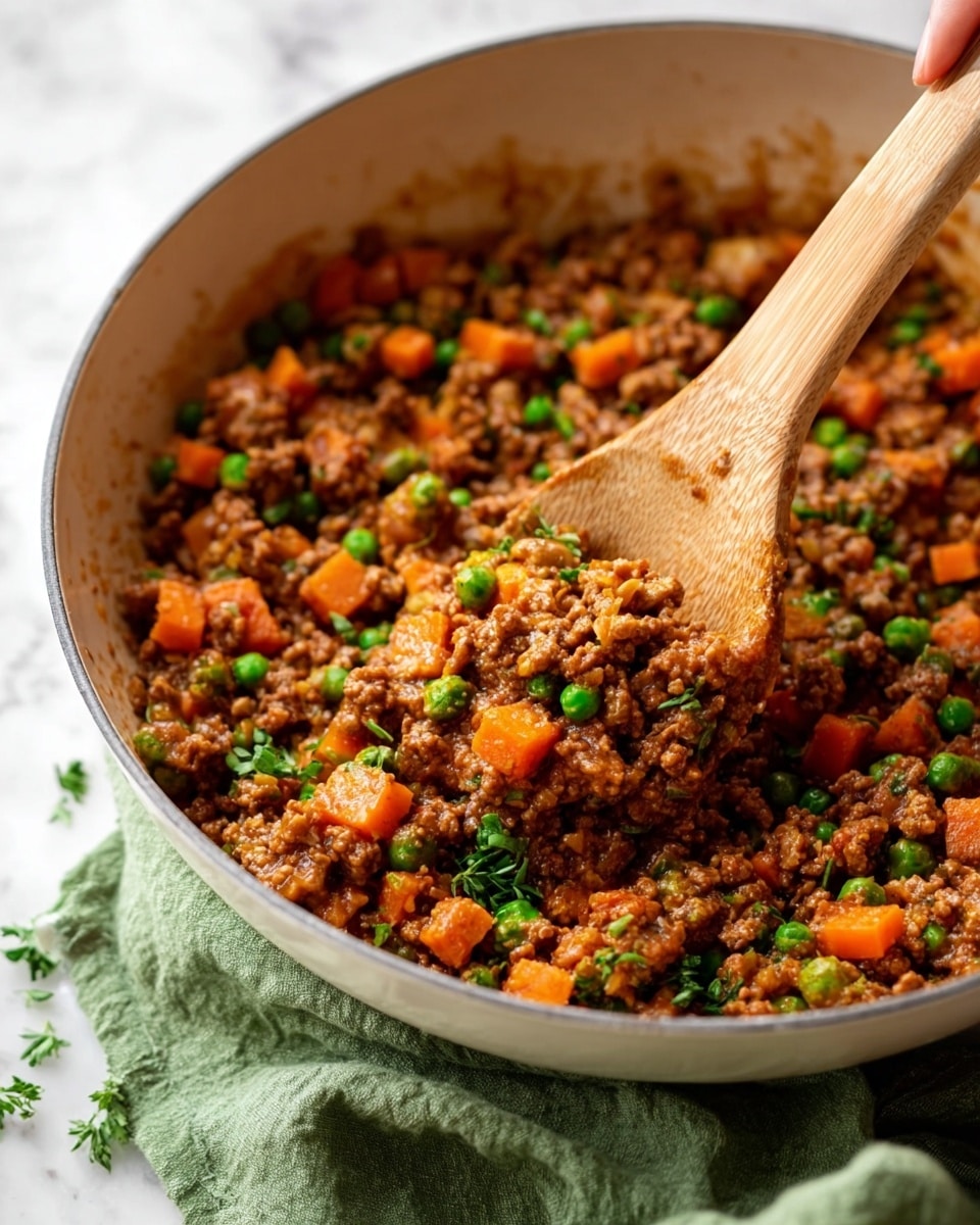 This image shows a shallow white cooking pot filled with a mixture of ground meat, small orange carrot cubes, green peas, and bits of translucent onion, all cooked together with a saucy, brownish color base. The ingredients are mixed evenly, creating a textured, hearty look with pops of bright orange and green spread throughout. A wooden spoon is standing inside the pot, partially lifting some of the mixture, with a woman's hand barely visible holding the spoon. The pot rests on a green cloth, all set on a white marbled surface in soft natural light. Photo taken with an iphone --ar 4:5 --v 7