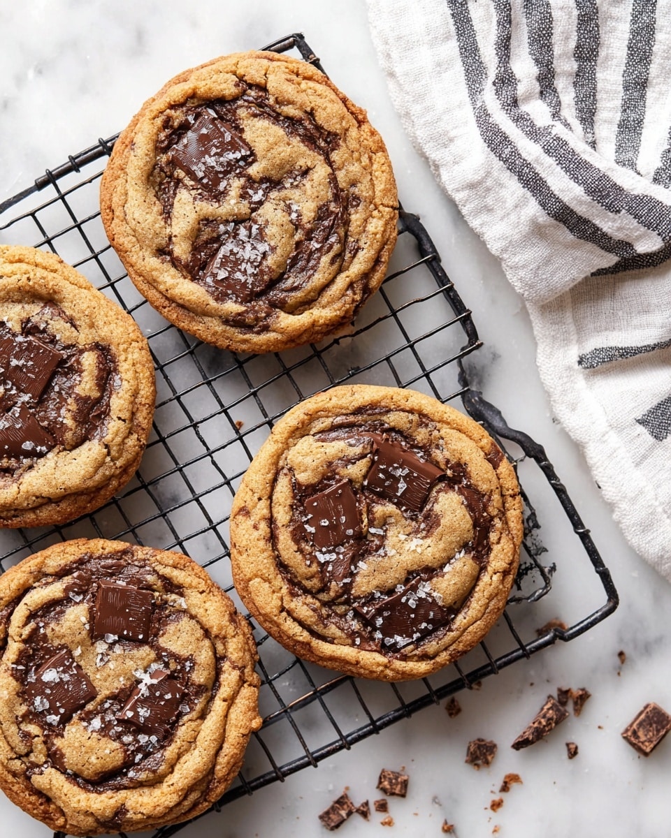 Four round chocolate chip cookies are placed on a black wire cooling rack over a white marbled surface. Each cookie has a golden-brown, slightly crispy edge with a soft, chewy center that shows swirls of melted dark chocolate. Large chunks of dark chocolate pieces are melted on top of the cookies, adding rich texture, and a light sprinkle of coarse sea salt can be seen on the surface of the cookies. Small crumbs and chocolate bits are scattered around the rack, enhancing the fresh-baked look. In the top right, a white cloth with gray stripes is casually folded. Photo taken with an iphone --ar 4:5 --v 7