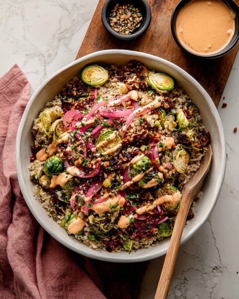 Roasted Brussels Sprouts, Quinoa & Lentil Salad with Spicy Caesar Dressing Recipe