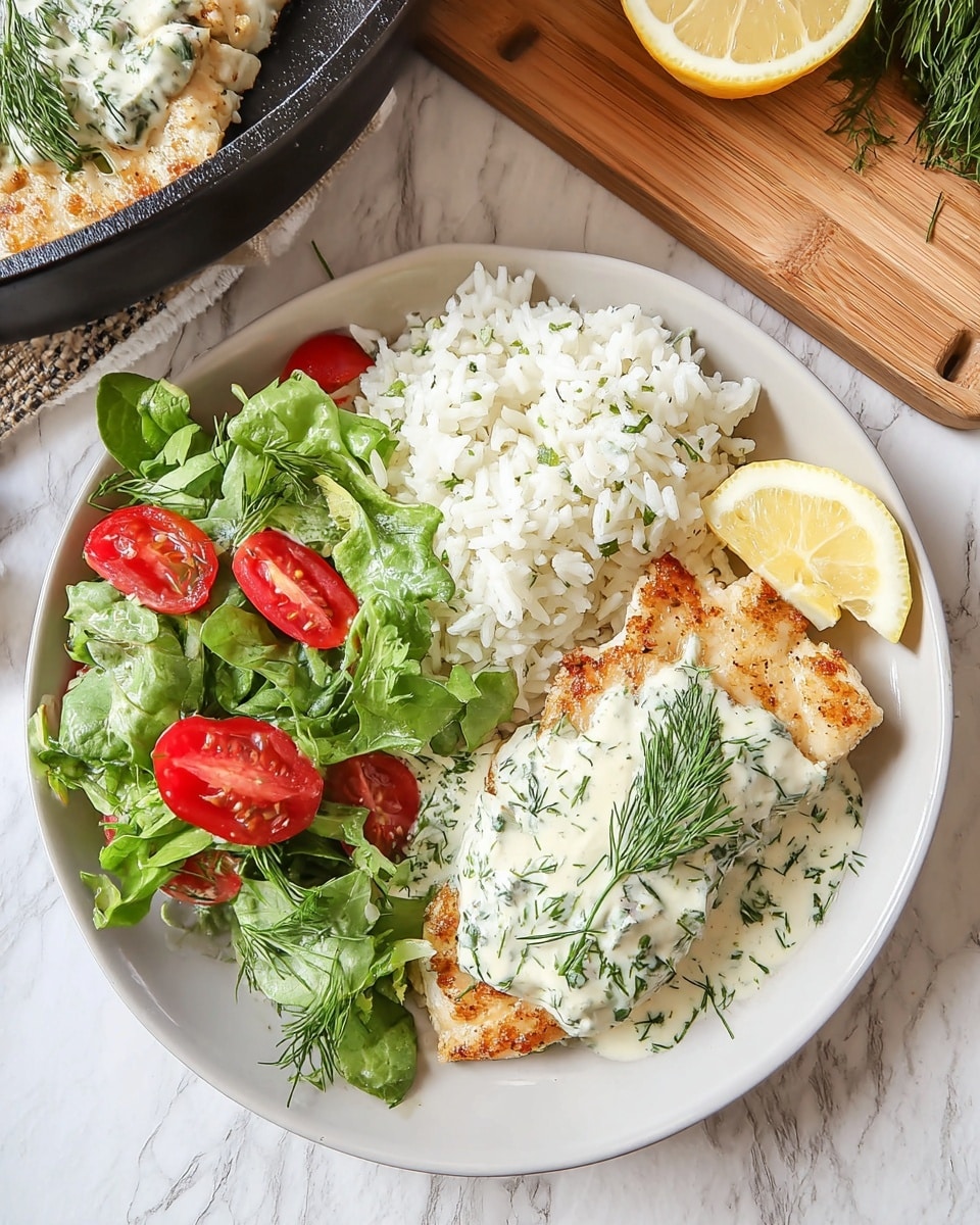 The white plate holds three main parts: a fresh green salad with leafy greens and halved red cherry tomatoes on the left, a serving of white rice mixed with small green herbs in the upper middle, and a pan-seared golden-brown fish fillet topped with a thick, creamy white sauce with green herbs, a sprig of fresh dill, and a thin round slice of yellow lemon on the right. The plate is on a white marbled surface, with part of a black skillet and a wooden board with a lemon visible but blurred around the edges. Photo taken with an iphone --ar 4:5 --v 7