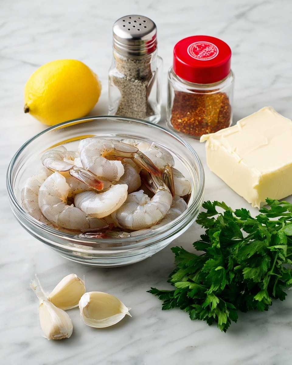 A clear glass bowl holds a stack of raw shrimp with light gray and pink shells on a white marbled surface. To the left, there is a bright yellow lemon, a small clear salt and pepper shaker with visible black and white seasoning, and a red-capped jar of crushed red pepper. In front of the shrimp bowl are three cloves of garlic with papery light beige skins. To the right, there is a partially unwrapped block of pale yellow butter and a bunch of fresh green parsley with jagged leaves. The background is white marble. Photo taken with an iphone --ar 4:5 --v 7