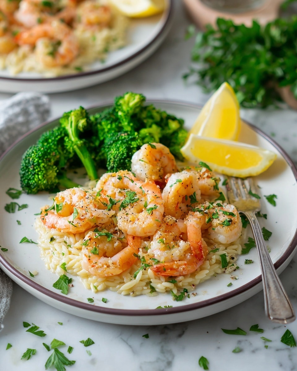 The dish shows a white plate with a thin dark rim on a white marbled surface, featuring three main layers: at the bottom, a soft bed of pale yellow orzo pasta with a slightly glossy texture; on top of the pasta, six bright orange-pink shrimp arranged in a circle, sprinkled with chopped green herbs and a light coating of pepper; on the left side of the plate, a cluster of vibrant green broccoli florets, adding fresh color contrast; behind the shrimp and pasta, two yellow lemon wedges sit upright. A silver fork rests on the plate's left edge, and a second plate of shrimp is slightly visible blurred in the background. Some loose green herbs are scattered around on the surface. photo taken with an iphone --ar 4:5 --v 7