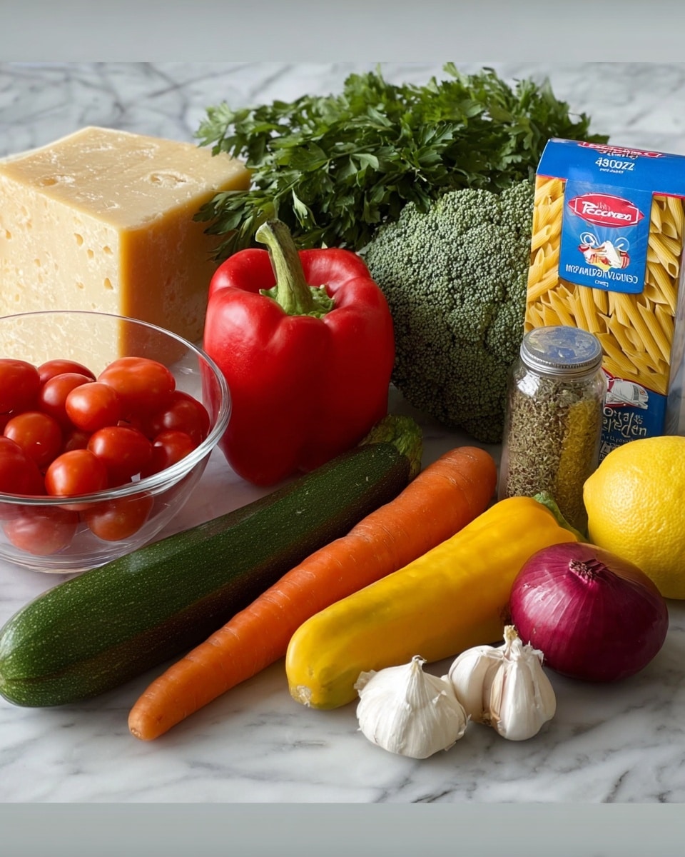 The image shows a collection of fresh ingredients neatly placed on a white marbled surface. From left to right, there is a clear glass bowl filled with shiny red grape tomatoes in front of a large wedge of pale yellow cheese with a rough texture. Behind the bowl and cheese is a large, smooth red bell pepper standing upright next to a green broccoli head with many tiny buds. In front of these are an orange carrot, a yellow squash, and a green zucchini, all with smooth skins. To the right of these vegetables is a bunch of fresh green parsley with flat leaves. Behind the parsley, there is a box of penne pasta with blue and yellow packaging. Next to the pasta box, a clear spice jar labeled