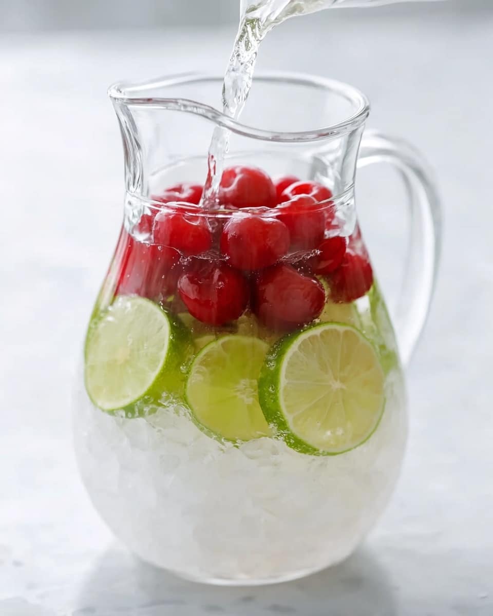 A clear glass pitcher filled with crushed ice forms the bottom layer, creating a sparkling white texture. On top of the ice, thin slices of lime with pale green and yellow shades are layered, slightly overlapping in a circular pattern. Above the lime slices, a layer of shiny, bright red cherries sits, adding vibrant color and a smooth texture. A clear liquid is being poured from above, flowing gently over the cherries. The pitcher is placed on a white marbled surface, with soft light enhancing the fresh and cool look. photo taken with an iphone --ar 4:5 --v 7