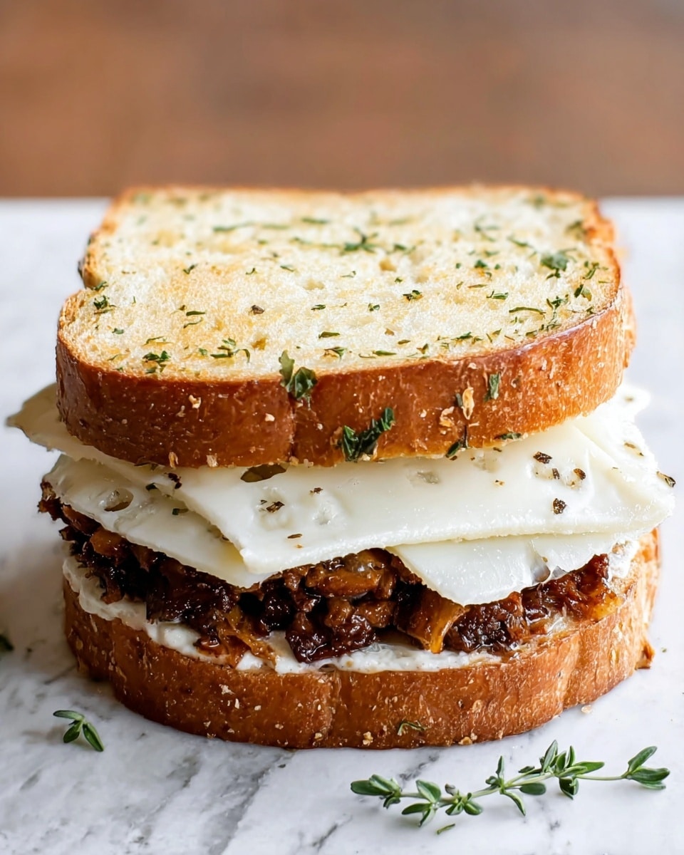 A sandwich with three layers held by two thick slices of golden brown bread sprinkled with green herbs. The bottom layer is a layer of cooked dark brown meat, topped by two slices of white cheese with visible black pepper flakes and small holes. The sandwich sits on a white marbled surface. Photo taken with an iphone --ar 4:5 --v 7