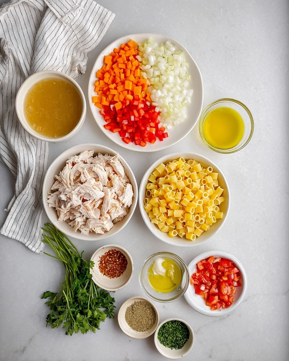 A top view of various ingredients neatly placed on a white marbled surface, including a white plate at the top holding three sections of finely diced vegetables in orange, red, and white colors. Below it, three white bowls contain shredded cooked chicken with light brown edges, dry ditalini pasta in a mustard yellow tone, and cubed yellow potatoes. To the left, a white bowl is filled with golden broth. On the right side, a small glass bowl with minced garlic and another with light yellow olive oil are placed. Near the bottom, there is a small plate with different spices, a small bowl with chopped green herbs, a bowl with crushed red tomatoes, and a small bundle of fresh green parsley. A folded striped white cloth is positioned at the top left. photo taken with an iphone --ar 4:5 --v 7