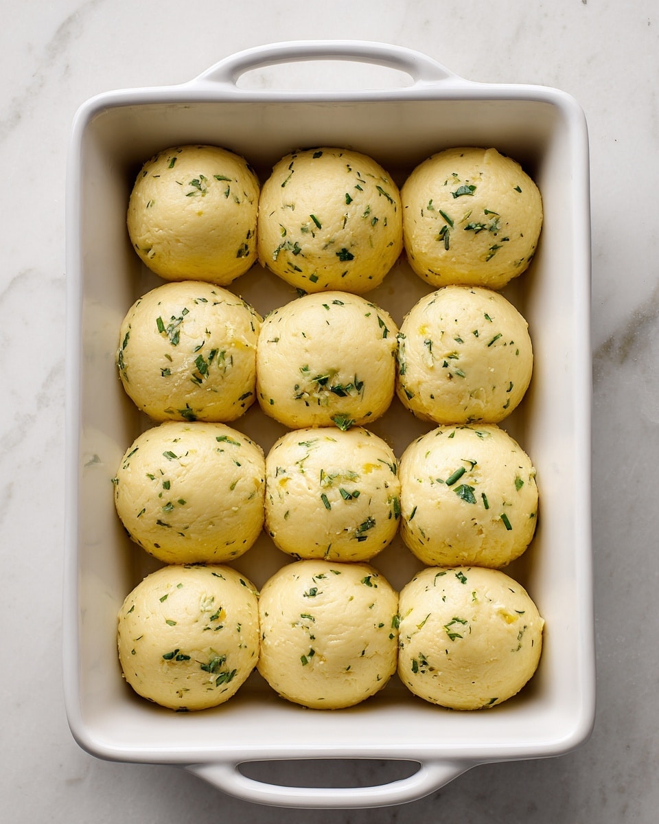 Twelve round dough balls with small green herb pieces are evenly spaced in a white baking dish, arranged in three rows of four. The dough balls are smooth and light yellow in color, showing a soft texture with visible flecks of green herbs inside. The baking dish has handles on both ends and sits on a white marbled surface. Photo taken with an iphone --ar 4:5 --v 7