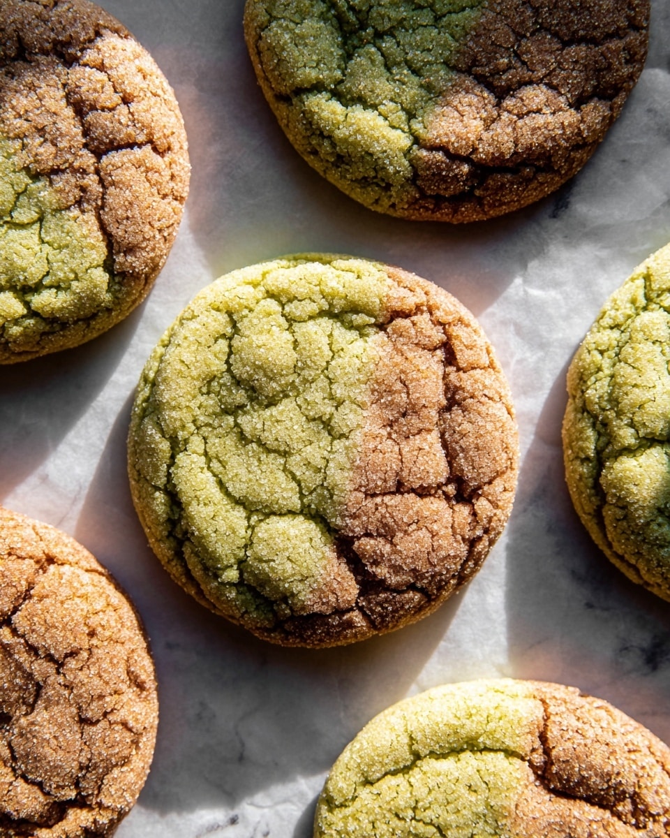 The image shows several round cookies on a sheet of parchment paper over a white marbled surface, each cookie divided into two halves by color and texture. One half of each cookie is light green with a slightly cracked, powdery texture indicating a soft, chewy appearance. The other half is light brown with darker speckles and a rough, cracked surface, showing a baked, crumbly texture. The two colors meet in a smooth, curved line, creating a clear split between the halves. Sunlight casts soft shadows on the cookies, adding depth to their textured surfaces. Photo taken with an iphone --ar 4:5 --v 7