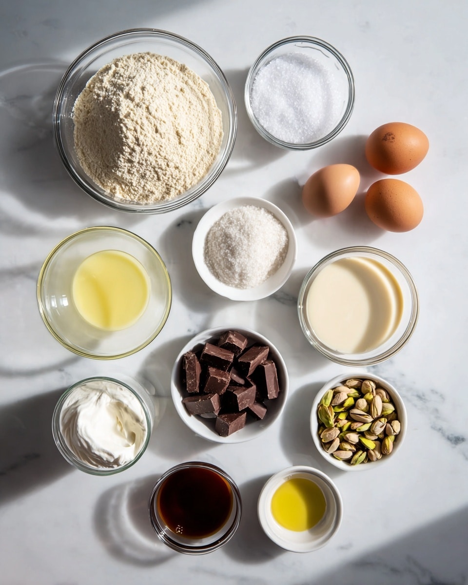 The image shows an overhead view of several clear glass bowls and white bowls arranged neatly on a white marbled surface, each filled with different ingredients. Starting from the top left, there is a large glass bowl filled with light beige flour, followed by a smaller clear bowl with white granulated salt to the top right. Below these, two brown eggs rest on the surface. To the right of the eggs is a medium glass bowl filled with a creamy light beige liquid, and next to it, a clear bowl holds dark brown chocolate chunks. On the bottom left, there is a glass bowl with a light yellow liquid, and nearby is a small white bowl with a thick white powder, likely a baking ingredient. Near the center, a small white bowl contains a dark brown liquid, followed by a small white bowl holding a warm yellow liquid. On the bottom right corner, there is a white bowl of shelled pistachios and a small glass bowl with a dollop of thick white cream. The overall setup is clean and well-lit with natural light, enhancing the textures and colors of the ingredients photo taken with an iphone --ar 4:5 --v 7