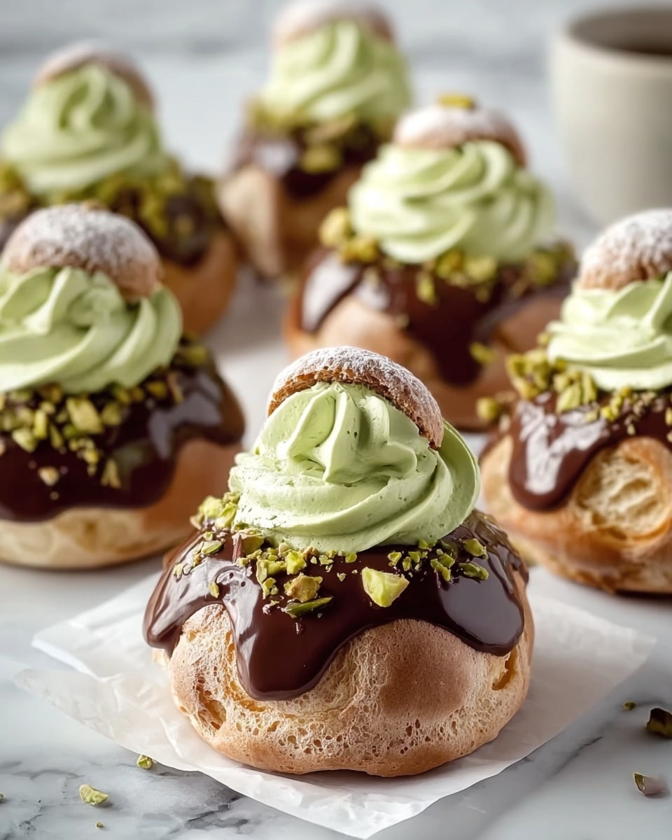 The image shows several round, light brown cream puffs placed on a white marbled surface. Each puff is partially covered with shiny dark chocolate on one side, with crushed green pistachios sprinkled over the chocolate and parts of the puff. On top of each puff, there is a swirl of light green cream, textured like soft whipped frosting, sitting neatly in the center. One cream puff in the front is placed on a small piece of white parchment paper. The background is softly blurred, highlighting the detailed textures and colors of the puffs in the front. photo taken with an iphone --ar 4:5 --v 7