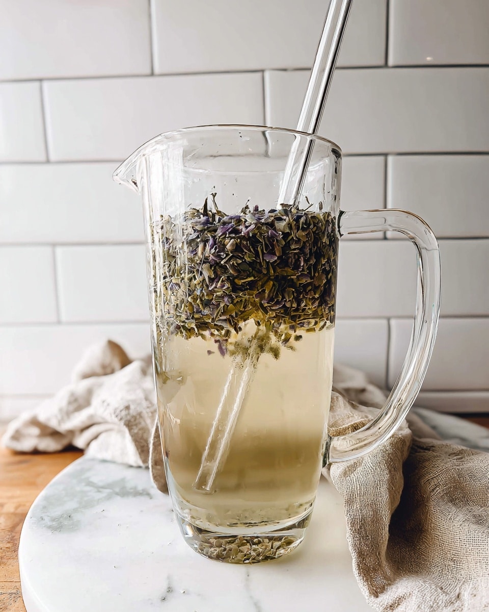 A clear glass pitcher filled with two visible layers: the bottom layer is a pale, translucent liquid with a smooth texture, and the top layer is made up of small, dark green and purple dried herbs that float on the liquid’s surface. A clear glass straw stands upright inside the pitcher. The pitcher is placed on a white marbled surface with a beige cloth casually folded nearby, and the background features white subway tiles. Photo taken with an iphone --ar 4:5 --v 7