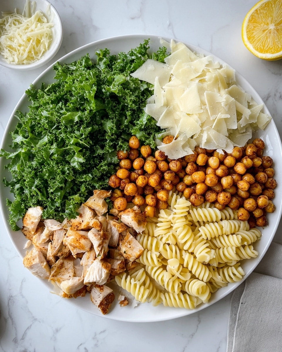 A white plate on a white marbled surface holds a visually balanced dish with five main layers arranged side by side. Starting from the top left, there is a thick layer of bright green, finely chopped leafy kale with a curly texture. Next to it on the right is a pile of thin, large, off-white cheese shavings with a slightly rough and brittle texture. Adjacent to the cheese is a portion of pale yellow spiral pasta, smooth and tightly coiled. Below the pasta, there is a mound of small, round, golden-brown roasted chickpeas, slightly crispy with a textured surface. Finally, on the bottom left is a layer of light brown grilled chicken chunks, with a slight sear and a firm, fibrous texture. A halved lemon and a small white bowl with extra cheese shavings lay nearby on the white marbled surface. Photo taken with an iphone --ar 4:5 --v 7