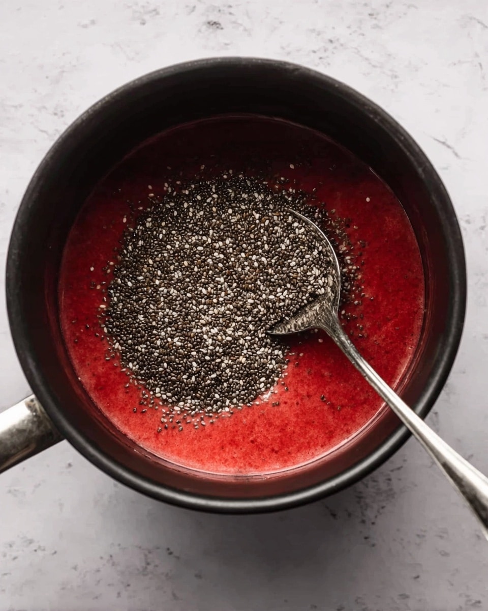 Inside a black cooking pot is a thick, bright red liquid filling the bottom layer with a smooth but slightly bubbly texture. On top, there is a dense pile of small black and white chia seeds, creating a rough, grainy texture in the center. A silver spoon rests inside the pot, partially submerged in the chia seeds, with the handle pointing outward. The pot is placed on a white marbled surface. Photo taken with an iphone --ar 4:5 --v 7