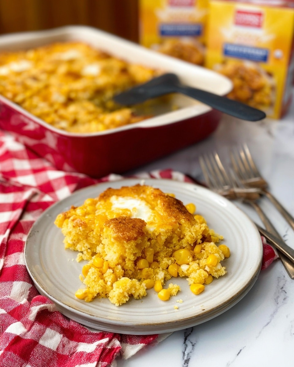 A serving of golden-brown corn casserole sits on a white plate with a slightly glossy finish, showing a mix of whole yellow corn kernels and a soft, crumbly baked texture with melted white cheese in the center. Behind the plate is a baking dish filled with the same casserole, with a black serving spoon resting inside. The scene is set on a white marbled surface with a red checkered cloth to the left, two silver forks to the right, and two packages of baking ingredients blurred in the background. photo taken with an iphone --ar 4:5 --v 7