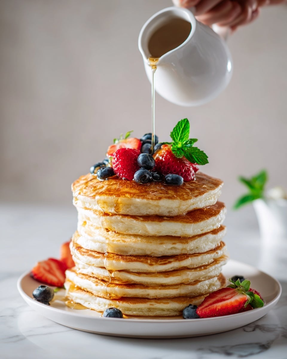 A tall stack of eight golden brown pancakes sits centered on a white plate, layered evenly with light fluffy textures visible along the edges. On top of the stack are fresh blueberries, a raspberry, and sliced strawberries, with a small green mint leaf adding a touch of color. A thin stream of syrup is pouring down from a small white pitcher held by a woman's hand above, cascading gently onto the berries and pancakes, creating a shiny glaze. Some syrup pools around the base on the plate, and there are a few scattered blueberries and sliced strawberries near the bottom edge of the plate. The scene is set on a white marbled surface with soft light and a blurred background, giving a clean, fresh feel. Photo taken with an iphone --ar 4:5 --v 7