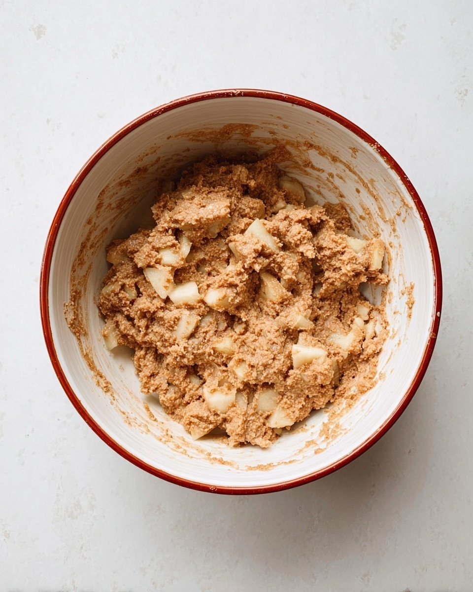 A round white bowl with a reddish-brown rim holds a mixture of thick, brown batter with uneven chunks of light cream-colored fruit pieces spread throughout. The batter looks textured and slightly sticky, with the fruit pieces roughly cut and scattered in various sizes. The inside of the bowl shows some batter residue smeared around the sides. The bowl sits on a smooth white marbled surface. photo taken with an iphone --ar 4:5 --v 7