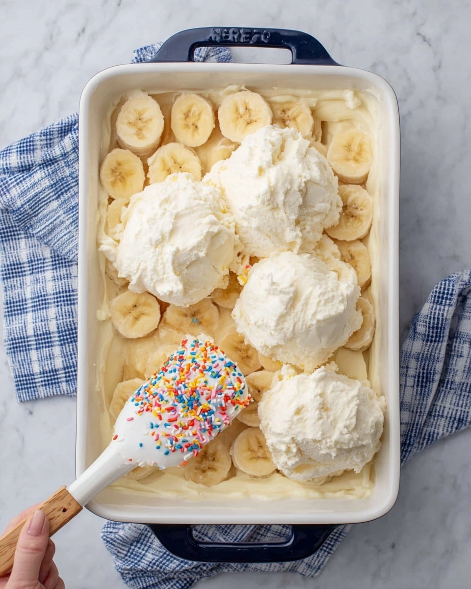 The image shows a white rectangular baking dish with a dark blue handle on a white marbled surface with a blue checkered cloth beside it. Inside the dish, there is a layer of banana slices spread evenly across the bottom, pale yellow with a soft texture. On top of the bananas, there are four large dollops of thick white cream or batter, unevenly placed. A white spatula with colorful sprinkles rests diagonally on top of the cream, with a woman's hand holding the spatula handle at the bottom left corner. Photo taken with an iphone --ar 4:5 --v 7