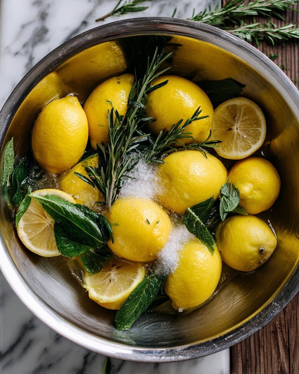 A shiny metal bowl filled with whole and halved yellow lemons that have soft, wrinkled textures from squeezing, mixed with dark green fresh mint leaves and rosemary sprigs. Scattered white salt crystals rest on top of the lemons and herbs, giving a slightly rough, granular contrast. The bowl is placed on a white marbled surface with hints of a wooden texture visible at the edges. The scene shows a natural, fresh, and rustic look with bright yellow and deep green colors. photo taken with an iphone --ar 4:5 --v 7