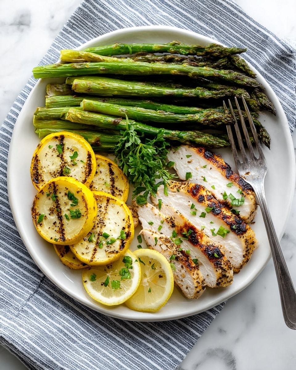 A white plate holds a meal arranged in three sections on a white marbled surface with a blue and white striped cloth beneath. The top section has five green grilled asparagus spears with some char marks and a small bunch of green herbs resting on them. The left side shows four round slices of yellow and white grilled squash, seasoned with herbs and spices. The right side features five thick slices of lightly charred white chicken, garnished with small green herb pieces, resting on two thin lemon slices. A silver fork touches the bottom slice of chicken. Photo taken with an iphone --ar 4:5 --v 7