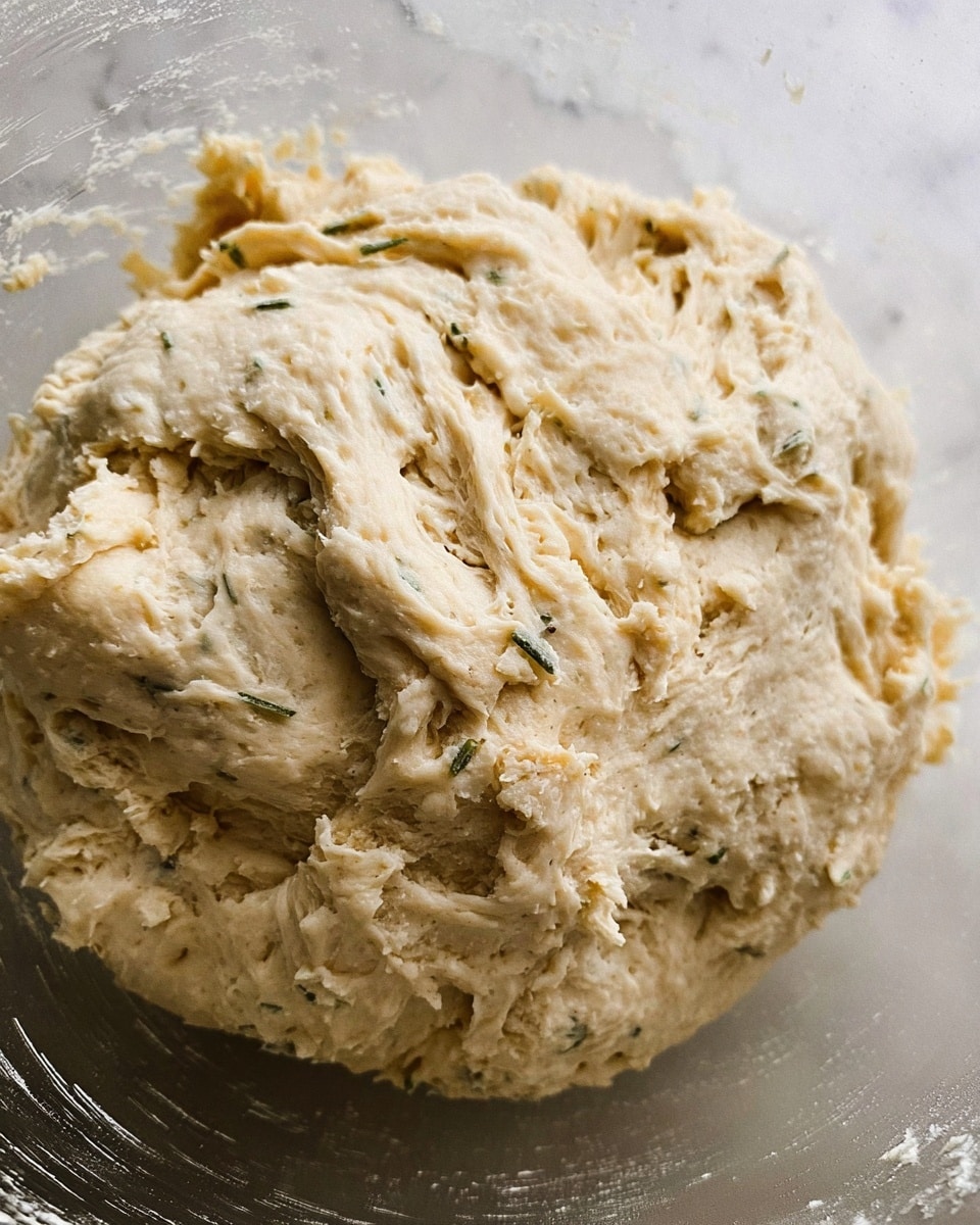 A close-up view of a rough, uneven dough ball with visible small pieces of herbs mixed in, showing a light beige color with some sticky, textured areas. The dough sits inside a transparent bowl placed on a white marbled surface. The overall look is thick and soft with some folds and creases on the surface photo taken with an iphone --ar 4:5 --v 7