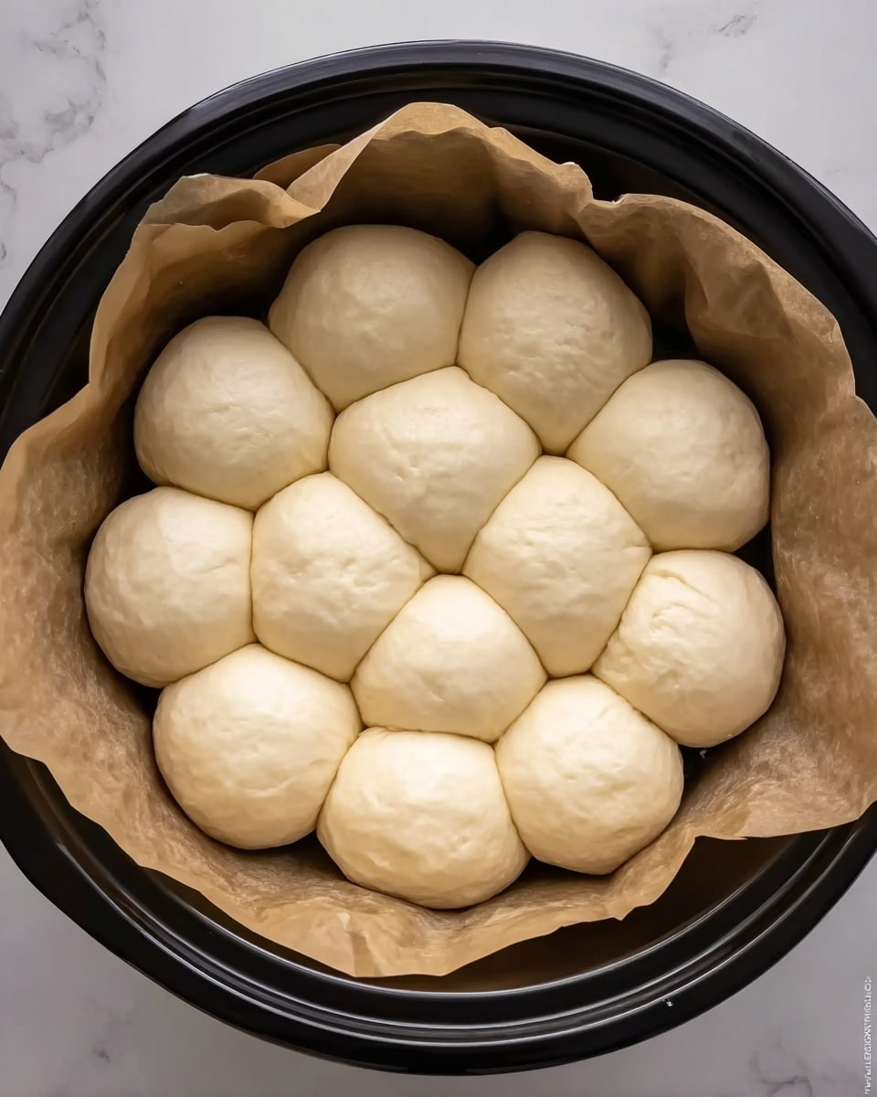 The image shows a round black cooking pot lined with brown parchment paper inside. Inside the pot, there are thirteen smooth, pale dough balls tightly packed together in three rows: the first row has five dough balls, the second row has four dough balls, and the third row has four dough balls. The dough balls have a soft and slightly shiny texture, with a uniform light cream color. The parchment paper edges are loosely crumpled around the dough balls, creating soft folds. The whole setup is placed on a surface with a white marbled texture. Photo taken with an iphone --ar 4:5 --v 7
