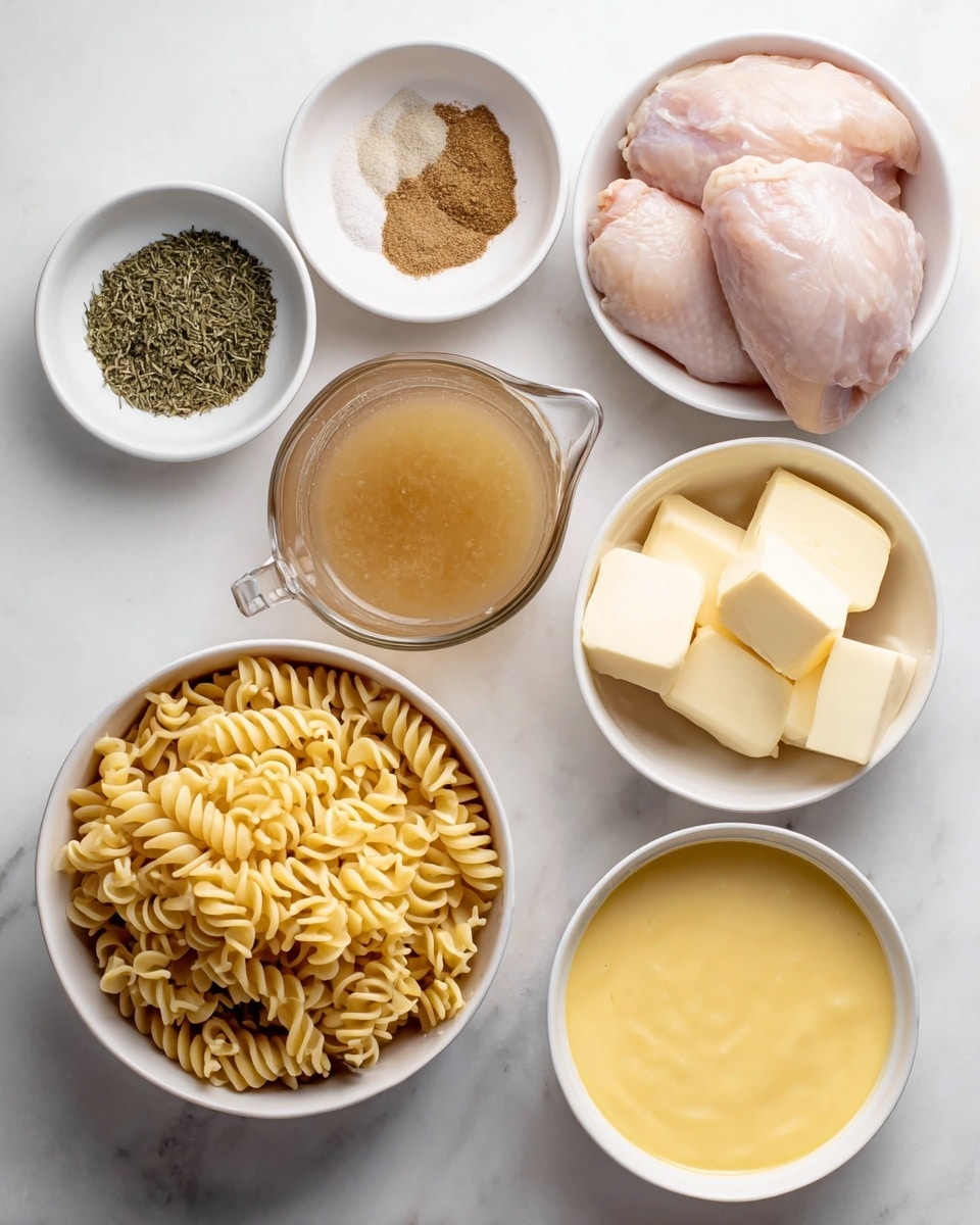 The image shows six white bowls and a clear measuring cup on a white marbled surface. The top right bowl holds two pale pink raw chicken pieces. To the left at the top is a small white bowl with three different dry spices: green herbs, brown powder, and lighter brown powder, arranged in separate sections. Below that is a clear measuring cup filled with light brown broth. At the bottom left, a large white bowl is filled with dry, yellow spiral pasta. To the right of the pasta, a white bowl is filled with a smooth, creamy yellow sauce. Finally, the bottom right small white bowl contains several thick pale yellow butter pieces. photo taken with an iphone --ar 4:5 --v 7