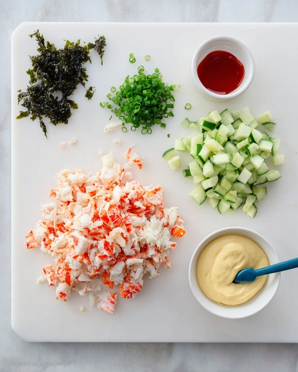 The image shows a white cutting board on a white marbled surface with four key elements arranged neatly. In the center, there is a pile of finely chopped crab sticks with a mix of white and bright orange colors. To the right, a pile of small diced cucumber pieces with light and dark green shades is placed. At the top left corner, small pieces of chopped dark green seaweed lie both inside a white bowl and scattered nearby. On the bottom right, a white bowl contains creamy yellow mayonnaise and reddish sauce side by side, with a small blue spatula resting inside the bowl. Photo taken with an iphone --ar 4:5 --v 7
