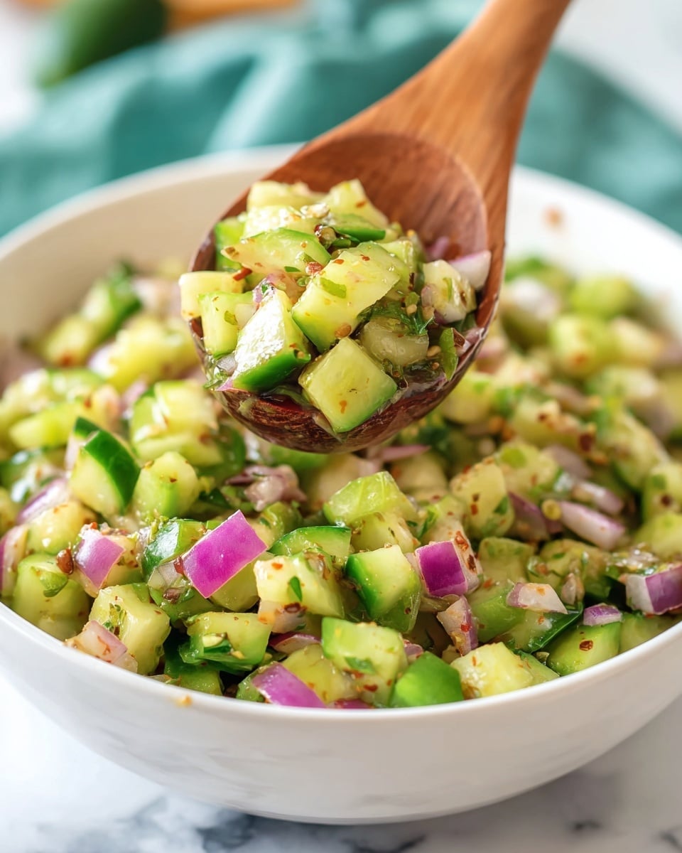 A white bowl filled with a colorful mixed salad made of small cut pieces of green cucumber, light green bell pepper, and purple-red onion. The salad looks fresh and chunky, with tiny bits of herbs and spices sprinkled throughout. A wooden spoon holds a scoop of the salad above the bowl, showing the bright, vibrant colors clearly. The background is a white marbled texture with hints of turquoise and blurred kitchen items. photo taken with an iphone --ar 4:5 --v 7