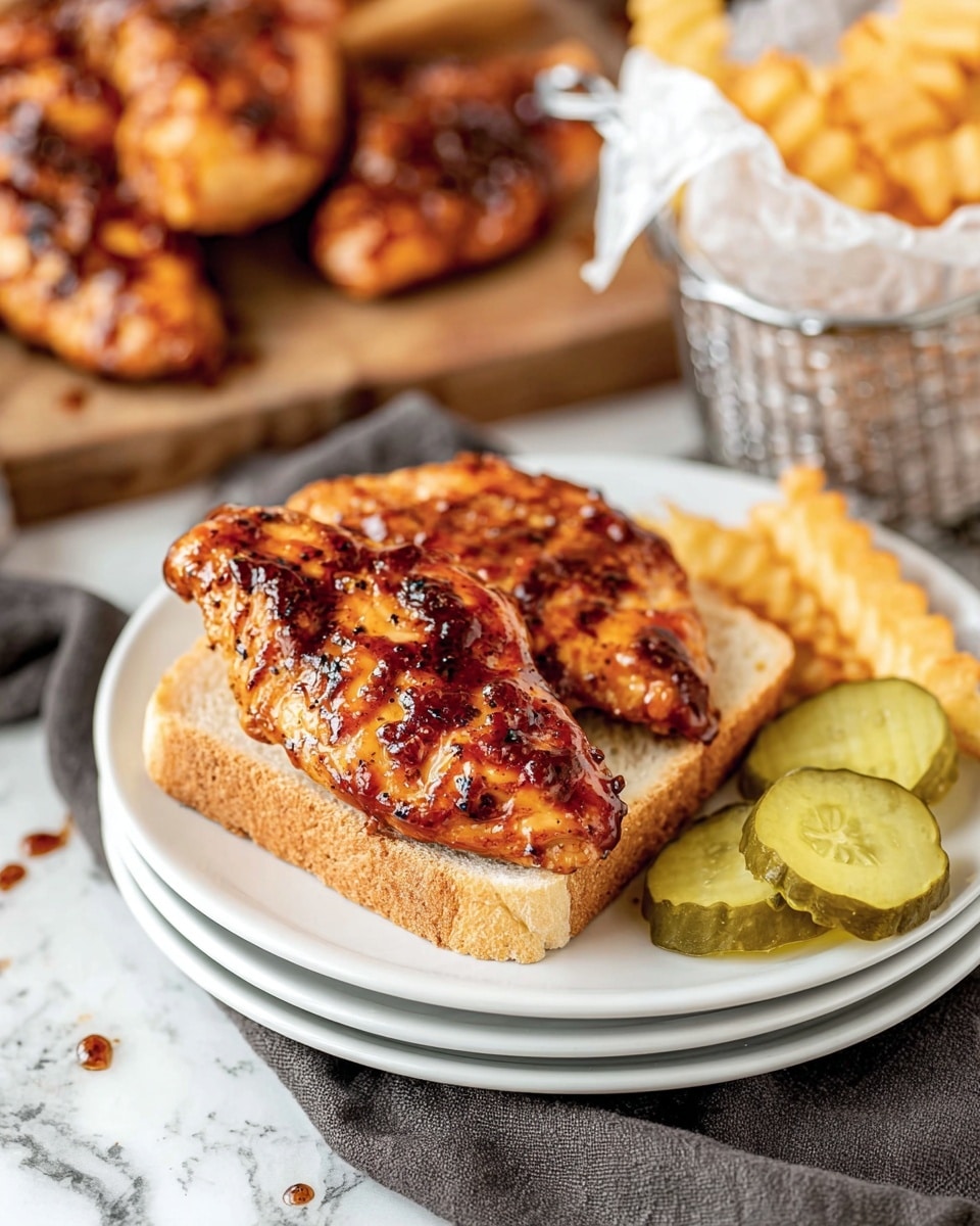 Two pieces of grilled chicken with a shiny, dark orange glaze sit on top of a slice of light brown bread on a stack of two white plates. To the right of the chicken are three green pickle slices. Around the plates on a white marbled surface are several golden brown crinkle-cut fries, some inside a small metal basket lined with white paper. In the background, more grilled chicken and pickles are partially visible on a dark gray cloth. Photo taken with an iphone --ar 4:5 --v 7