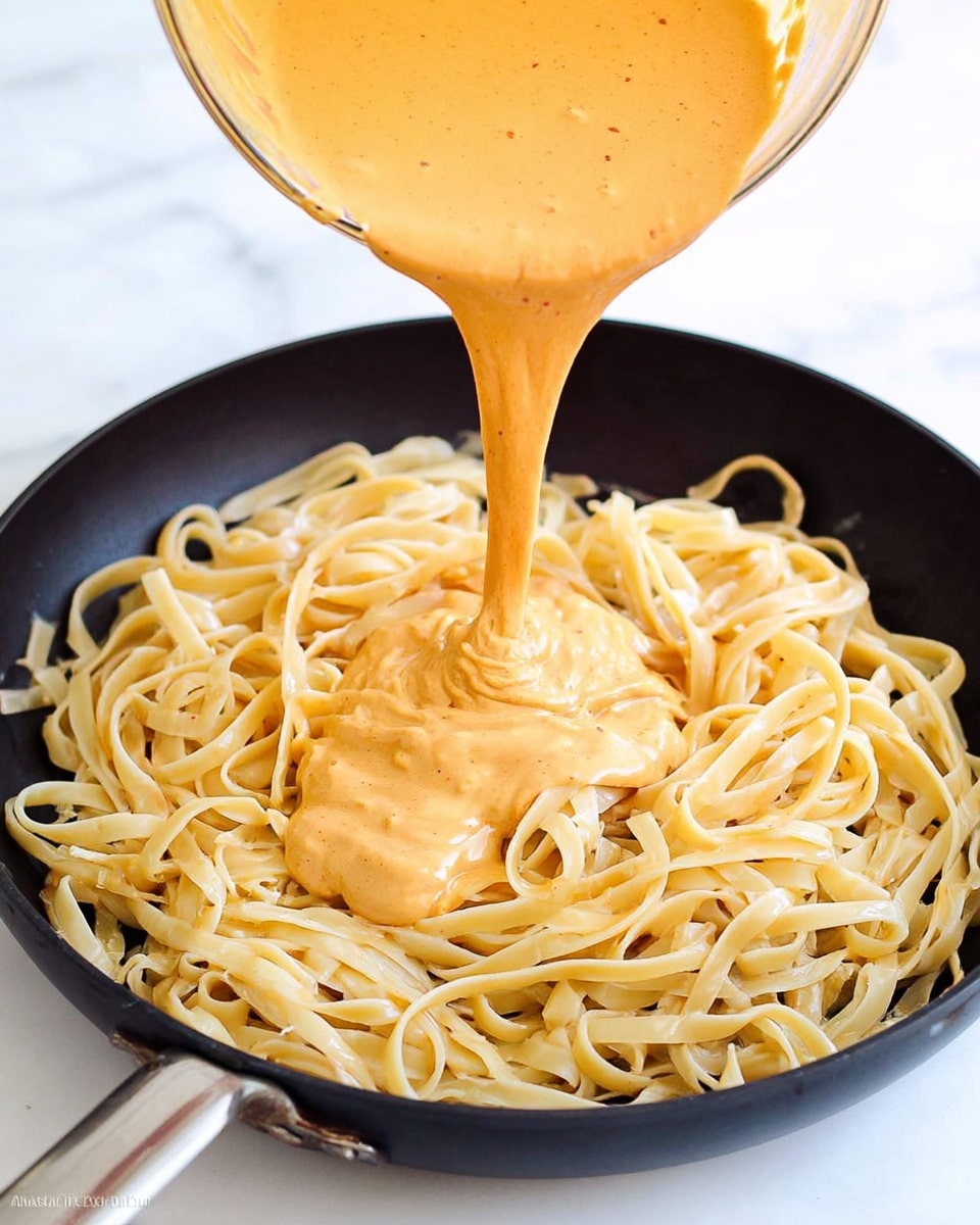 A black pan holds a layer of light yellow cooked fettuccine pasta that is spread evenly and piled loosely. From above, a creamy orange sauce with a smooth texture is being poured onto the pasta in the pan from a clear container, catching mid-flow as it lands in the center. The scene is set on a white marbled surface. photo taken with an iphone --ar 4:5 --v 7