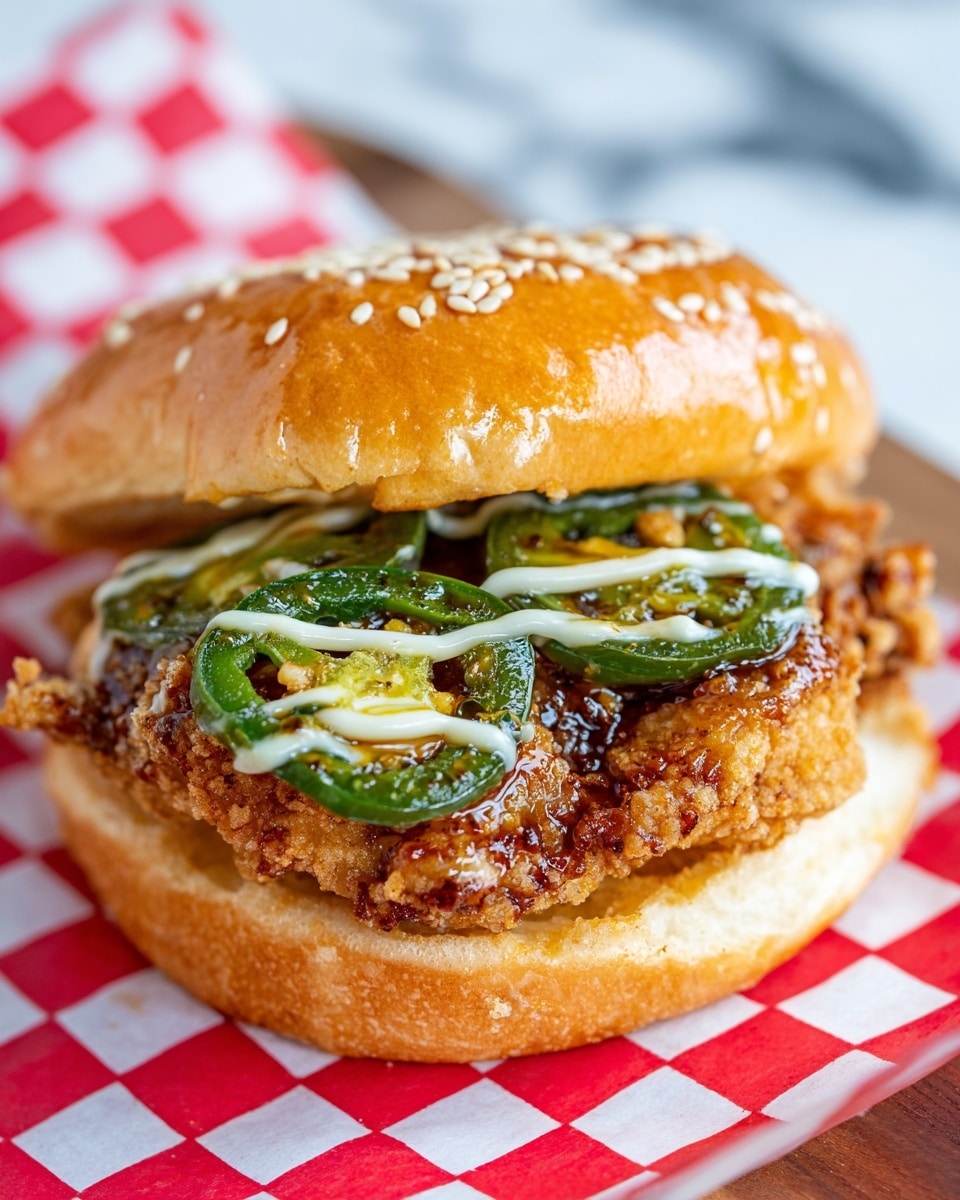 A sandwich is shown on a white sesame seed bun with two main layers inside. The bottom layer is crispy and golden brown fried chicken with a crunchy texture. On top of the chicken are shiny green pickled jalapeño slices covered with a glaze, adding a bright and wet look. The top bun is open and has a light spread of creamy white sauce in zigzag lines, showing a soft texture. The sandwich sits on red and white checkered paper, giving a casual food look. The background has a white marbled texture. photo taken with an iphone --ar 4:5 --v 7