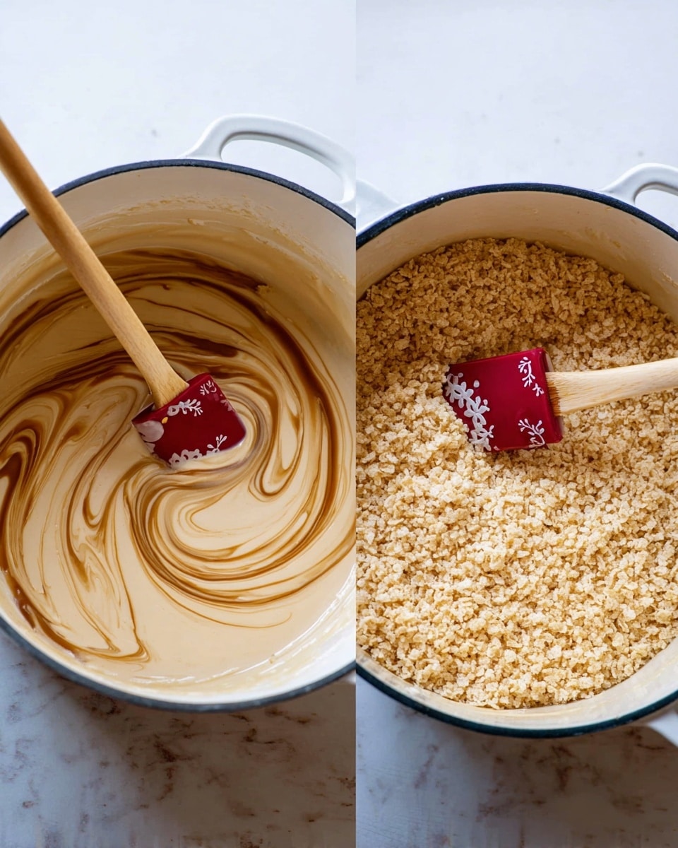 A white pot with a dark rim holds a creamy, smooth beige mixture with swirls of a darker caramel color being stirred by a wooden spatula with a red silicone tip that has white lace patterns. Next to it, the same white pot contains a layer of light tan puffed rice cereal completely filling the pot, with the same wooden spatula resting inside. The background is a white marbled surface. photo taken with an iphone --ar 4:5 --v 7