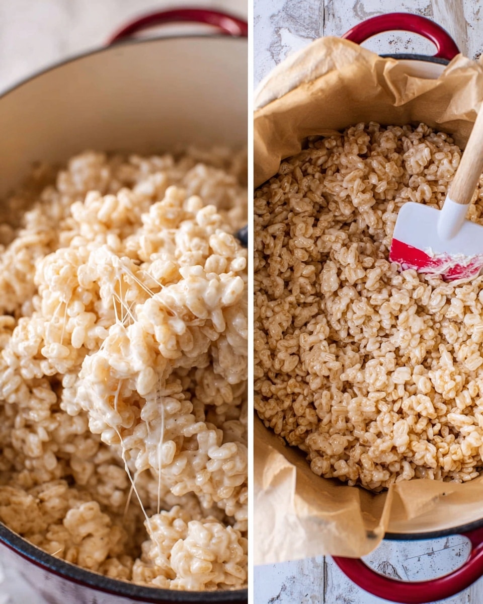 The image shows two close-up views of a pot filled with creamy rice crispy treats. The treats are made of puffy, round, light beige cereal clumped together with melted marshmallows, creating a sticky and shiny texture. In the left photo, you see a detailed close-up of the cereal with thin strands of marshmallow stretched between them. In the right photo, the treats are being mixed inside a white pot with a red and white spatula, with a sheet of parchment paper underneath the pot. The background features a white marbled surface. photo taken with an iphone --ar 4:5 --v 7