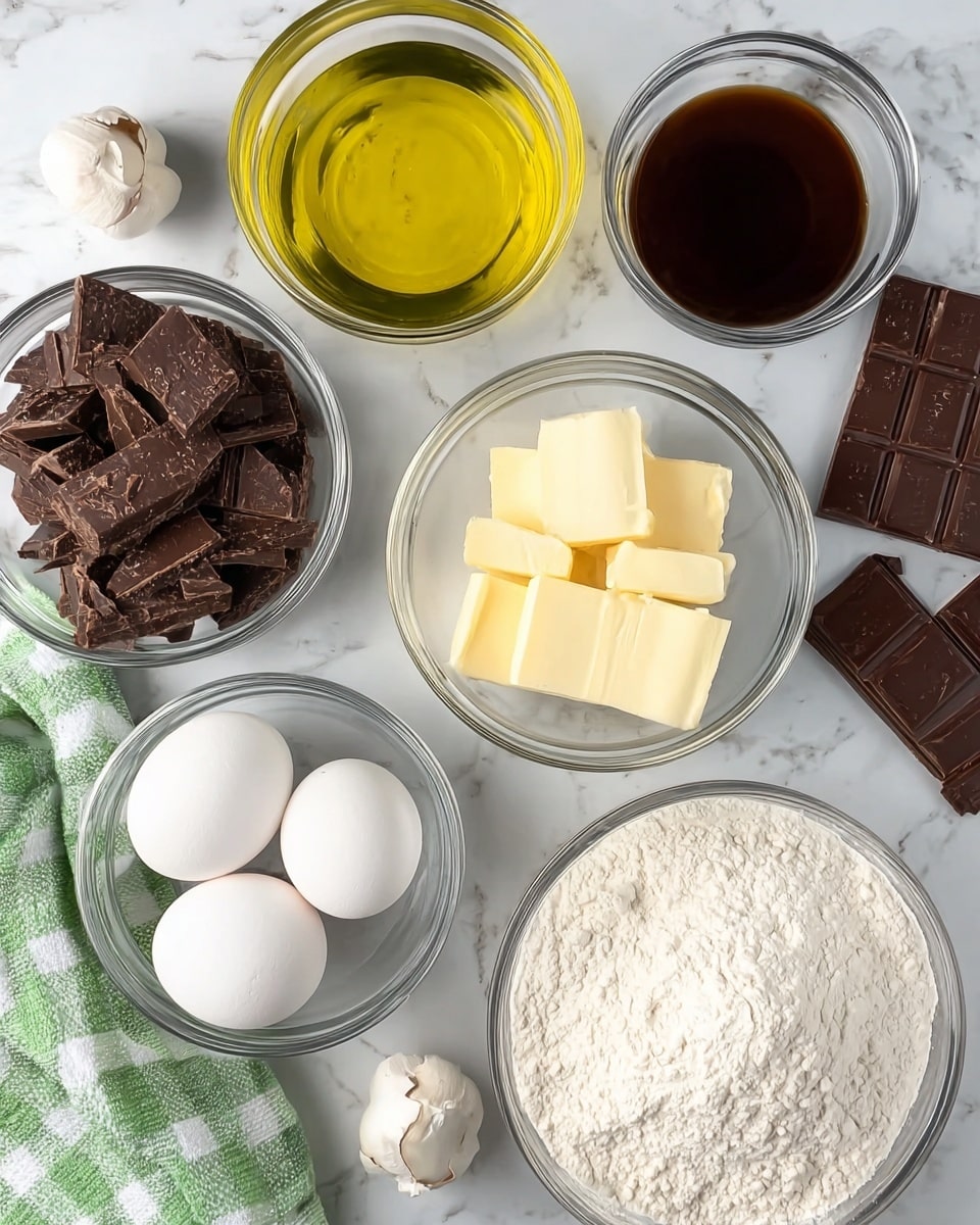The image shows an arrangement of ingredients on a white marbled surface, perfect for baking. There are six clear glass bowls holding different items: the top left bowl has yellow oil, the top right bowl has a dark brown liquid, the middle left bowl is filled with broken pieces of dark chocolate, the middle center bowl contains three slices of pale yellow butter, the middle right bowl holds white flour, and the bottom center bowl is filled with white sugar. Two white eggs rest next to a green and white checkered cloth in the bottom left corner, while a few chunks of dark chocolate bar are placed near the top right. The setup is neat, colorful with browns, yellows, and whites, and ready for making a dessert photo taken with an iphone --ar 4:5 --v 7