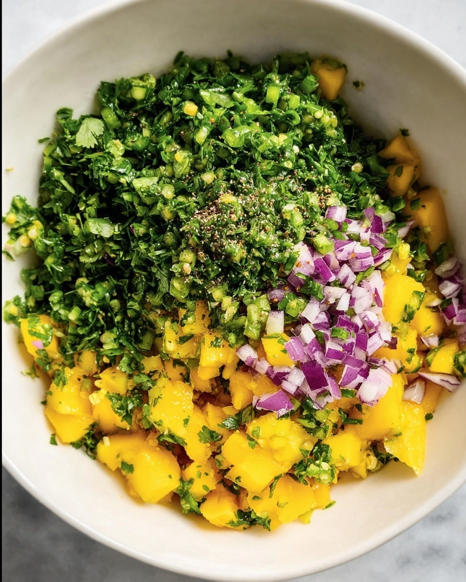 In a white bowl on a white marbled texture surface, there is a mix of finely chopped ingredients layered closely together. The bottom layer shows bright yellow chunks of mango, scattered evenly with small bits of purple onion mixed in. On top of this, there is a generous layer of finely chopped fresh green herbs like cilantro and parsley, along with tiny pieces of green chili peppers. Seasonings like salt and pepper are sprinkled lightly over the herbs. The overall look is fresh, colorful, and textured with vibrant yellows, purples, and multiple shades of green. photo taken with an iphone --ar 4:5 --v 7