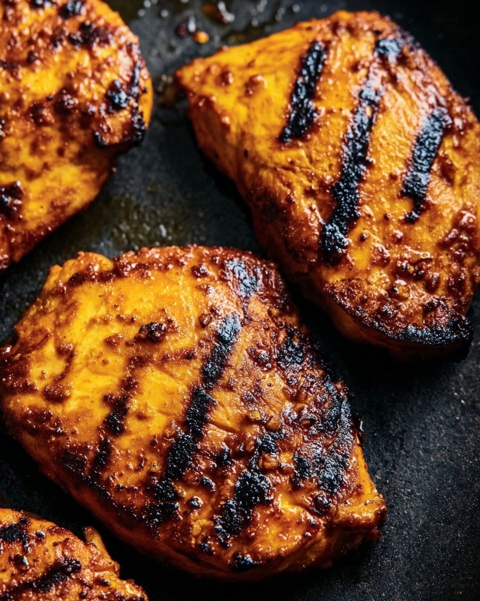The image shows four grilled chicken pieces placed on a dark pan surface. Each piece is golden brown with charred black grill marks spread over the top, giving a slightly rough texture. The chicken pieces have bright orange areas where the marinade or sauce has caramelized, with darker edges showing a bit of crispiness. The lighting highlights the moist and juicy look of the chicken, emphasizing the mix of smooth and crispy textures on the surface. Photo taken with an iphone --ar 4:5 --v 7