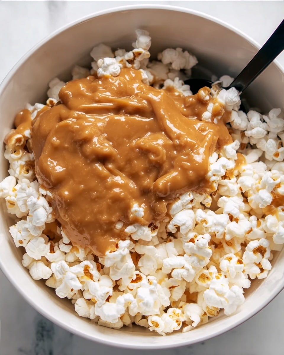 A white bowl filled with light, fluffy popcorn that is slightly uneven in texture. On top, there is a thick layer of smooth, creamy caramel sauce with a glossy finish, covering the center part of the popcorn. The caramel is golden brown and appears rich and moist, contrasting with the white popcorn around the edges. A black spoon is partly visible on the right side, immersed in the mixture. The background is a white marbled surface. Photo taken with an iphone --ar 4:5 --v 7