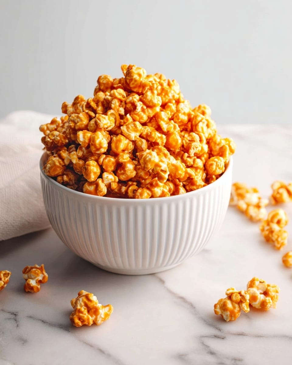 A white bowl filled with popcorn that is coated evenly in a thick, shiny caramel layer, giving it a rich golden brown color with clusters of popcorn sticking together. The caramel coating is smooth and glossy, covering most of the white popcorn with a few white spots visible. A black spoon is partially visible on the right side of the bowl. The bowl is placed on a surface with a white marbled texture. photo taken with an iphone --ar 4:5 --v 7