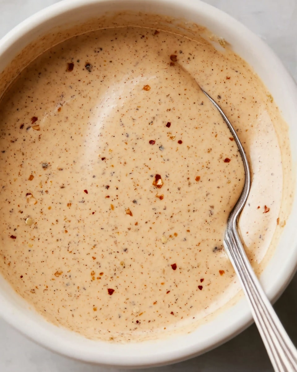 A close-up of creamy sauce in a white bowl with a smooth texture and light beige color. The sauce is speckled with small red and black seasoning bits evenly spread throughout. A silver spoon rests inside the bowl on the right side, partially covered with the sauce, showing its thick and smooth consistency. The bowl sits on a white marbled surface photo taken with an iphone --ar 4:5 --v 7