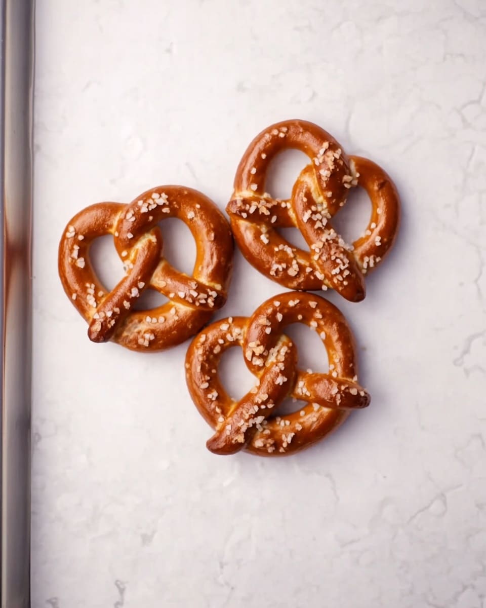 The image shows three small brown pretzels with a shiny texture and salt crystals on top. They are arranged closely together in a triangular shape on a white paper that rests on a silver tray. The background has a clean white marbled texture with soft light highlighting the pretzels' details. photo taken with an iphone --ar 4:5 --v 7