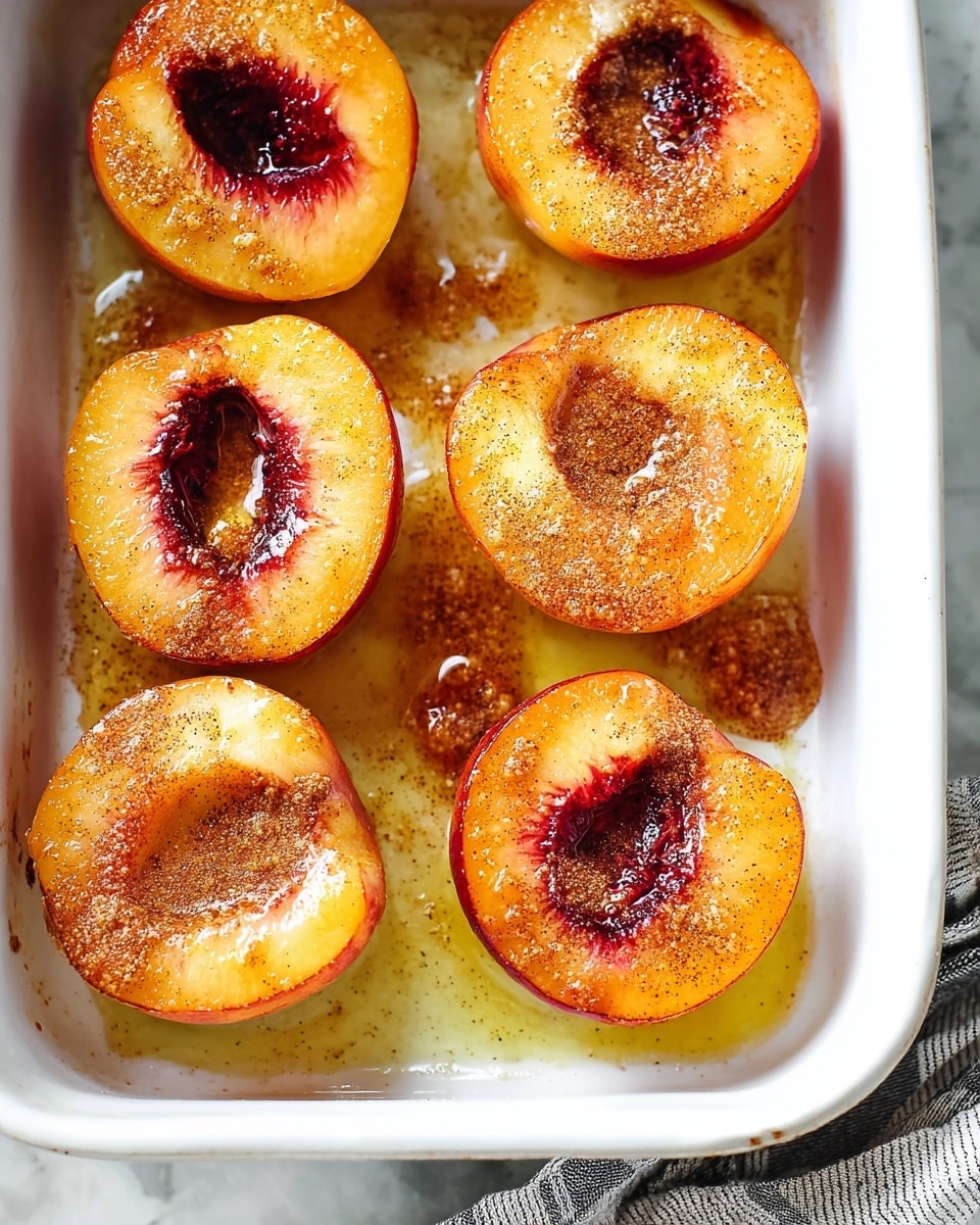 The image shows six peach halves placed in a single layer in a white baking dish on a white marbled surface. Each peach half has a warm golden-orange color with darker red hues near the center where a scoop of melting creamy butter sits. The peach flesh looks soft and slightly caramelized, speckled with a light brown spice sprinkled on top that adds texture. Surrounding the peach halves, there are small pools of melted butter and spice, creating a shiny, glistening effect. The edge of a striped cloth is visible in the bottom right corner. Photo taken with an iphone --ar 4:5 --v 7