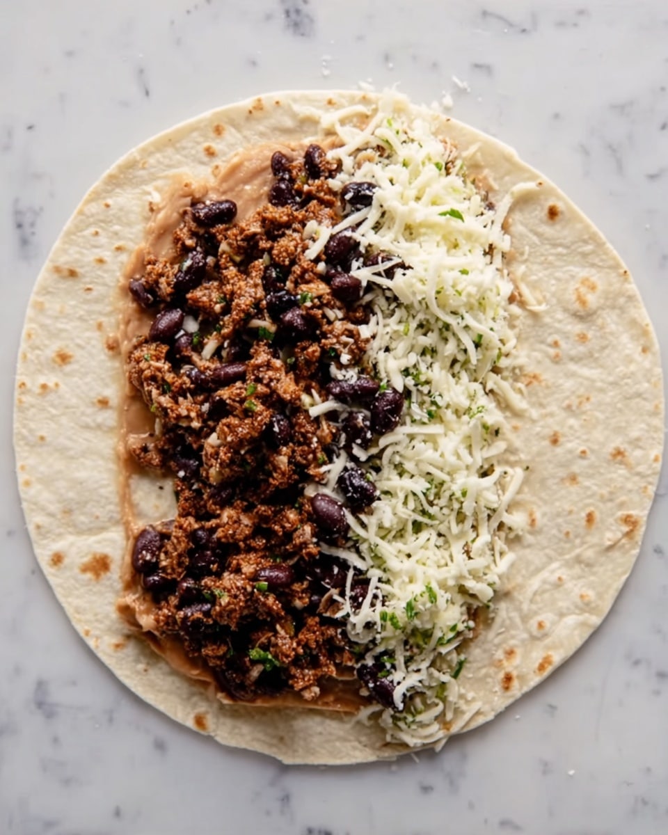 A large soft tortilla lies flat on a white marbled surface, with three layers of filling spread across one side. The base layer is creamy brown refried beans, spread evenly but not covering the entire tortilla. On top of this is a layer of white shredded cheese mixed with specks of green herbs, adding a fresh color contrast. The top layer consists of dark brown cooked ground meat mixed with black beans, scattered unevenly, giving a textured and hearty look. The rest of the tortilla is plain and empty. photo taken with an iphone --ar 4:5 --v 7